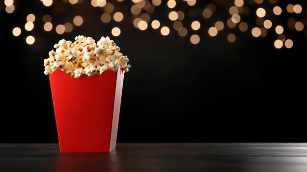 Red popcorn box with buttery popcorn and dark festive bokeh lights in cinematic setting photo