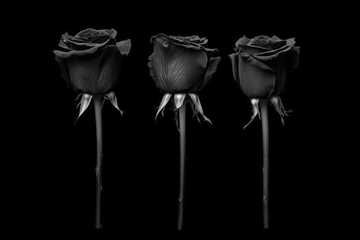 Artistic black and white composition of three roses in minimalistic style on a dark background photo