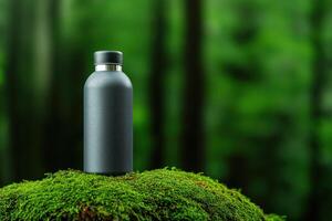 Black reusable water bottle on green moss in forest environment eco-friendly hydration sustainability photo