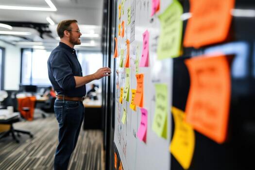 Man brainstorming on a whiteboard covered with colorful sticky notes in a modern office space photo
