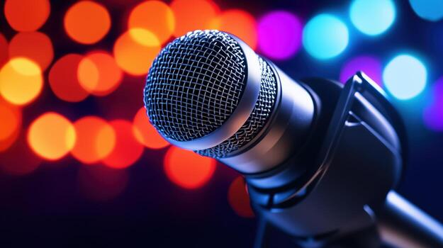 Close-up of studio microphone with colorful bokeh lights in the background photo