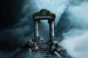 Ancient Stone Ruins with Pillars in a Mystical Foggy Mountain Landscape photo