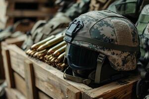 Close-up of military helmet and ammunition in a wooden crate showcasing tactical equipment photo