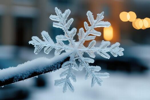 Close-up of a detailed snowflake resting on a frosty branch with warm bokeh lights in the background photo