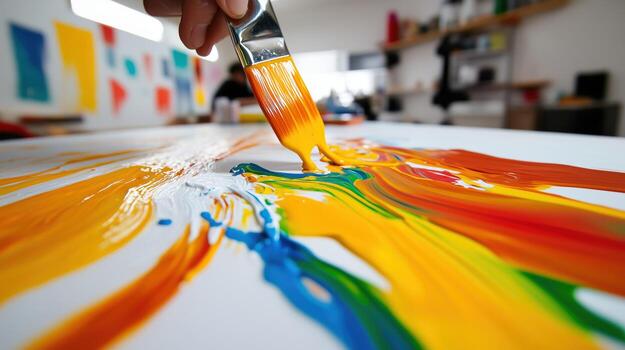 Close-up of a paintbrush creating a colorful abstract painting in a bright art studio photo