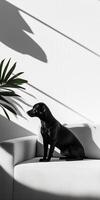 Black Dog Sitting on a Modern White Sofa with Plant Shadows in a Minimalist Living Room Perfect for Contemporary Design Inspiration photo