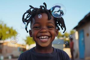 Smiling child joyfully playing with bubbles outdoors in a bright sunny backyard photo