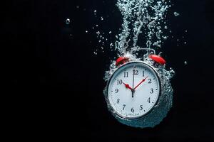 Vintage alarm clock submerged underwater with air bubbles floating in dark dramatic setting photo