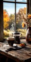 Morning Coffee with Rising Steam on Rustic Wooden Table by Sunny Autumn Window for Wallpaper photo
