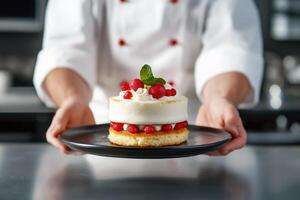 Professional chef presenting a gourmet dessert with fresh cream and berries on a black plate photo