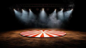 Circus ring with red and white stripes illuminated by dramatic spotlights in a smoky dark setting photo