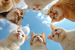 Playful Cats Group Close-Up Against a Blue Sky Background photo