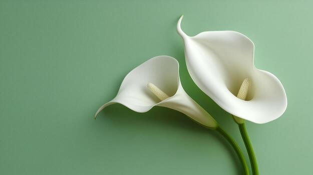 elegante blanco calla lirios en un verde antecedentes con suave texturas y minimalista composición foto