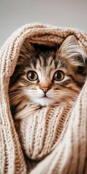 Fluffy Kitten Peeking from Cozy Blanket with Soft Focus photo