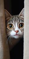 Adorable Curious Cat Peeking Through Curtains, Close-Up Portrait photo