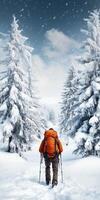Solo hiker in an orange backpack trekking through snowy forest with tall pine trees in wintertime photo
