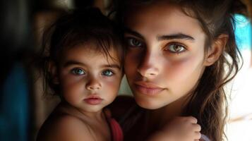 Mother and Child Portrait with Natural Light, Capturing Emotional Bond and Intimacy photo