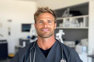 Smiling Healthcare Professional in Medical Office, Wearing Scrubs and Stethoscope, Background Laboratory Environment photo
