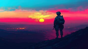 Illustration of Soldier Overlooking a Sunset from a Mountain Ridge photo