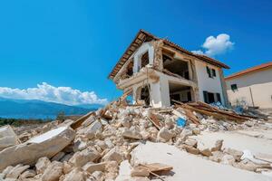 Earthquake Aftermath with Destroyed House and Rubble, Scene of Destruction under Clear Blue Sky photo