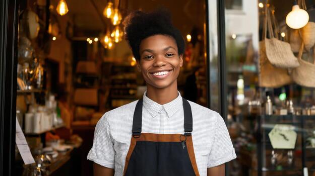 Smiling Barista Standing in Storefront with Warm Lighting Ambiance photo