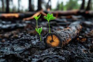 New Growth After Forest Fire, Small Seedlings Emerging from Burned Log Symbolizing Regeneration and Resilience photo