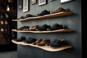 Leather Dress Shoes on Wooden Shelves, Modern Store Display of Formal Footwear with Black and Brown Shoe Selection photo