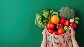 Fresh Vegetables in Reusable Bag on Green Background, Promoting Healthy Eating and Sustainable Living photo