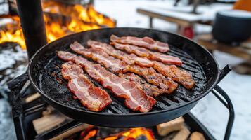 Bacon Grilling on Open Fire, Outdoor Cooking Scene with Crispy Sizzling Strips photo
