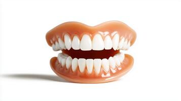Close-Up of Dental Prosthetic Teeth, Full Set of Dentures Displaying a Smile, Ideal for Dental Care, Health, and Oral Hygiene Concepts photo