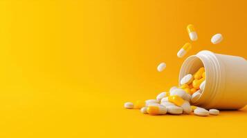 White and Yellow Pills Spilling from a Container, Healthcare and Medicine Concept photo