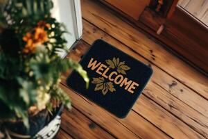 Welcome Mat on Rustic Wooden Floor, Cozy Home Entrance with Greenery and Warm Natural Light photo