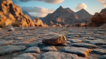 Solitary Stone on Rocky Path with Mountain View, Ideal for Adventure and Travel Themes photo