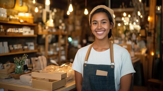 Smiling Retailer in Warm, Rustic Shop Environment with Boxes and Decor photo