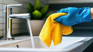 Hand in Blue Glove Holding Yellow Cleaning Cloth Near Sink, Emphasizing Hygiene and Housekeeping, Vibrant and Clean Composition photo