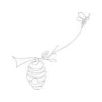 Continuous one line drawing of bee with honeycomb vector