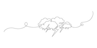 Continuous one line art editable drawing of thundercloud and lightning vector