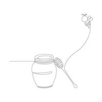 Continuous one line drawing of bee with honey jar and a honey dipper vector