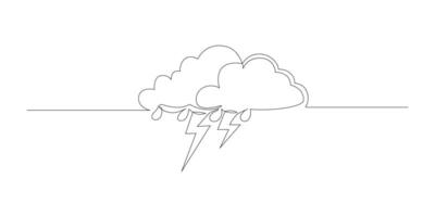 Continuous one line editable drawing of thundercloud and lightning vector