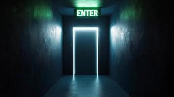 Green Enter Sign with Glowing Door in a Dim Hallway photo