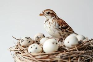 Sparrow in Nest with Eggs, Close-Up of Bird in Natural Habitat, Wildlife Photography Highlighting Nature and Nesting Behavior photo