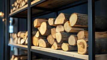 Stacked Firewood on Metal Shelf, Modern Storage Solution for Home, Cozy Fireplace Preparation with Natural Wood Logs Display photo
