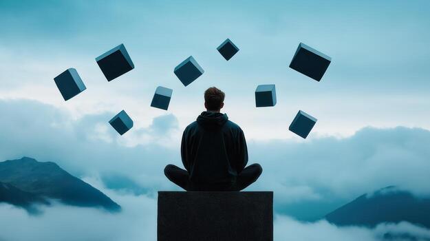 Man Meditating with Floating Cubes in Surreal Sky, Concept of Imagination and Mindfulness photo