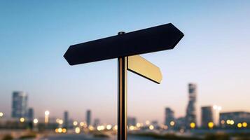 Blank Direction Sign, Sunset Cityscape Background, Symbolizing Choices and Decision-Making, Urban Setting, Inspirational Image photo
