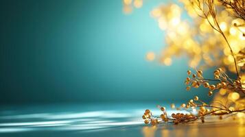 Golden Bokeh Floral Branches on Aqua Background, Elegant and Dreamy Nature Photography photo