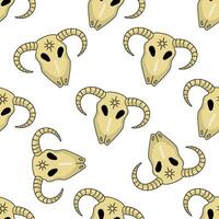 Hand drawn seamless pattern with mystical ram skulls in beige and black tones vector