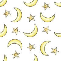 Hand drawn seamless pattern with yellow crescent moons and stars in mystical style vector