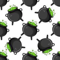 Hand drawn seamless pattern with witch cauldrons and bubbling potion in dark green tones vector