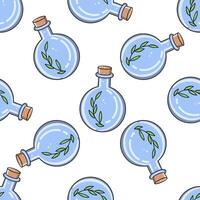Hand drawn seamless pattern with potion bottles in soft blue tones vector