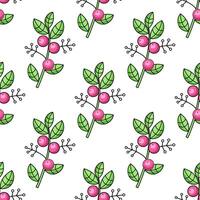 Hand drawn seamless pattern with pink berries and green leaves vector